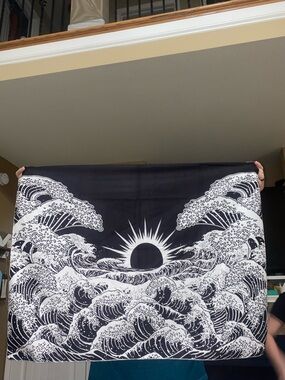 Black and White Ocean Wave Wall Tapestry - 37x29”